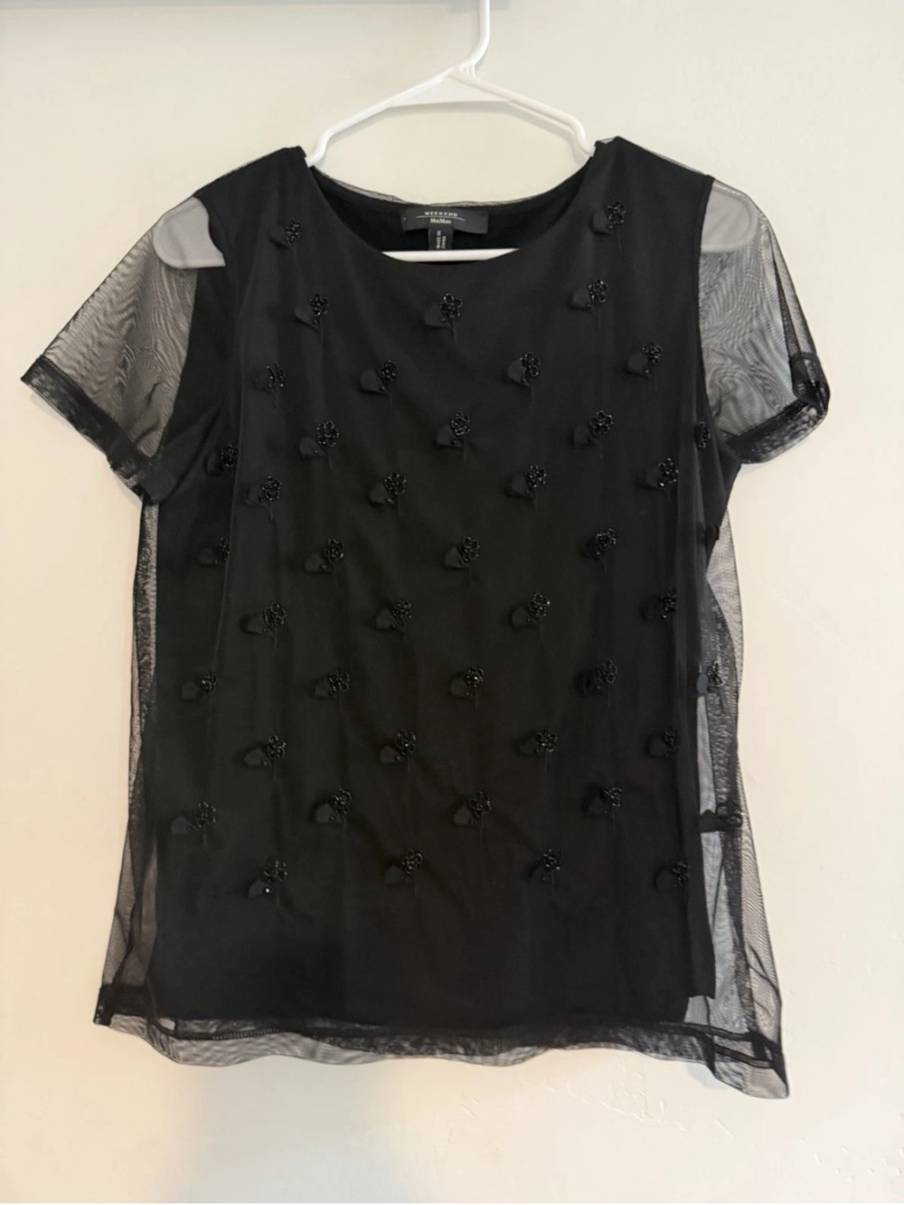 Black Embellished Mesh Short-Sleeve Top Weekend Max Mara Black blouse small